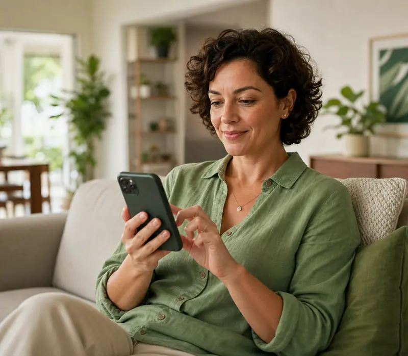Mulher usando um smartphone em casa para organizar a vida financeira